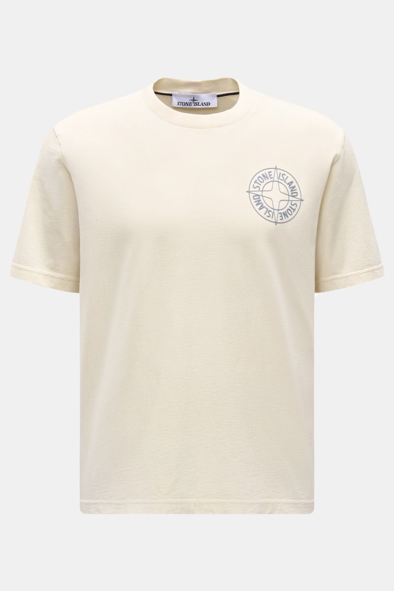 Stone Island T-Shirt 'Print' creme, frontale Ansicht, aus reiner Bio-Baumwolle, weicher Griff, Regular Fit, Rundhalsausschnitt, Logo-Print auf Brust.