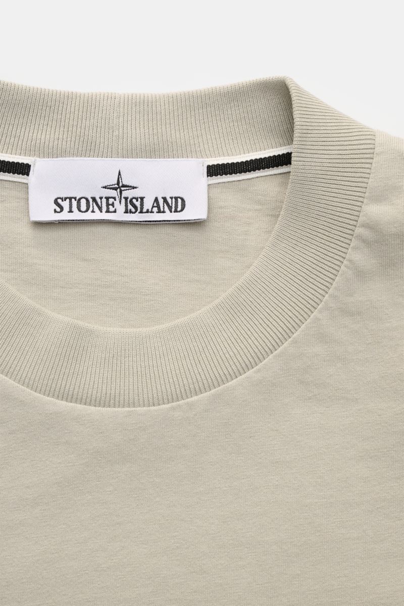 Stone Island Rundhals-T-Shirt hellgrau aus schwerer Baumwolle, Regular Fit mit Rundhalsausschnitt, Front- und Rückenprint, Nahaufnahme Kragen.
