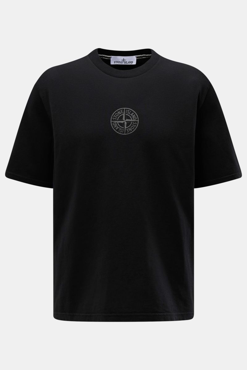 Front view of Stone Island Crew neck T-shirt black in heavyweight cotton, featuring a soft feel, regular fit, crew neck, small front print, and bold back print.

Description: 
Striking casual basic: STONE ISLAND presents this casual T-shirt made from h