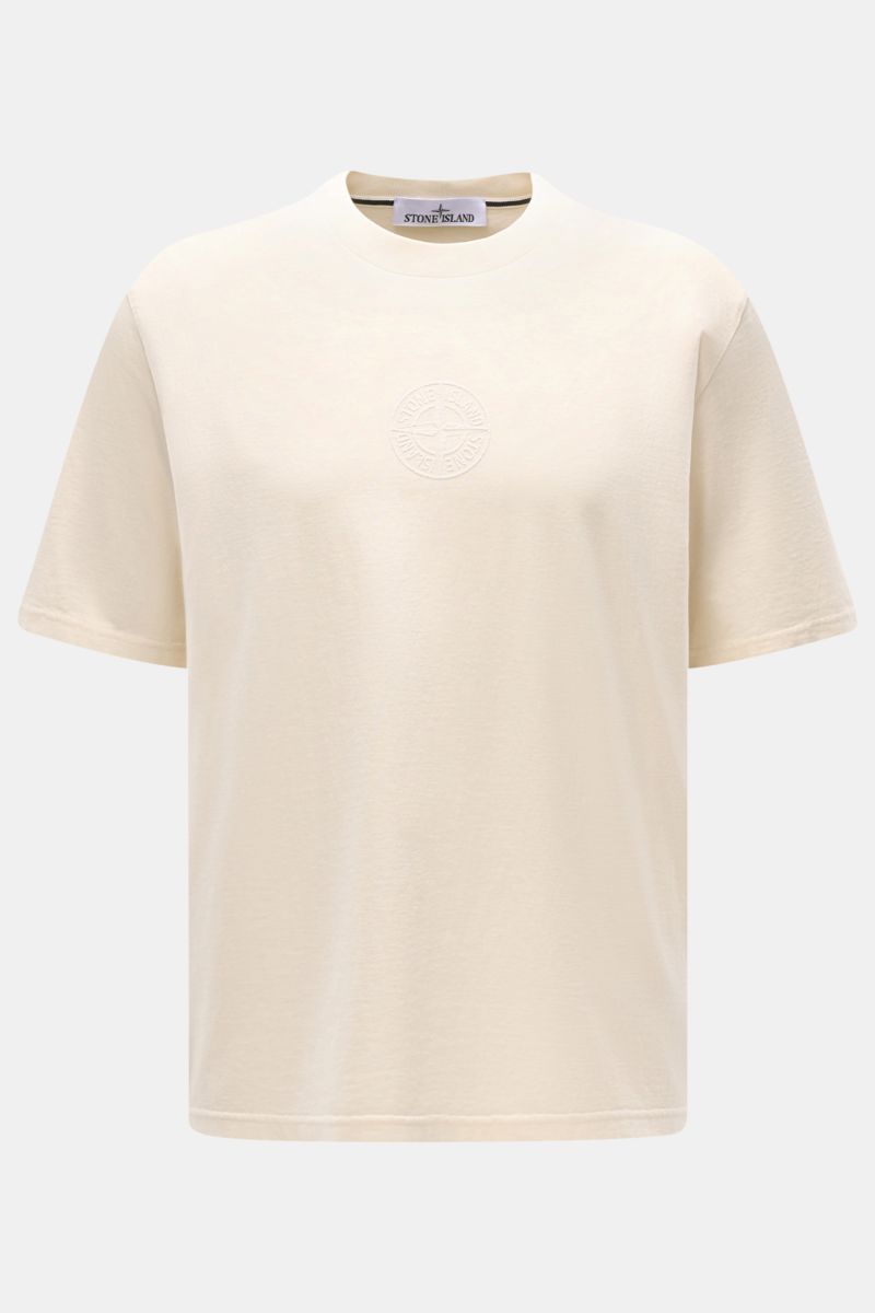 Front view of Stone Island Crew neck T-shirt cream in heavyweight cotton jersey with soft feel, regular fit, subtle front logo print.

Description: Striking casual basic: STONE ISLAND presents this casual T-shirt made from heavyweight cotton fabric wit