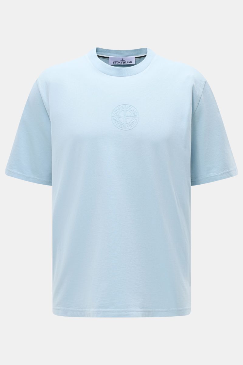 Stone Island Rundhals-T-Shirt hellblau, Frontansicht, Jersey aus reiner Baumwolle, weicher Griff, Regular Fit, Frontprint, plakativer Rückenprint.