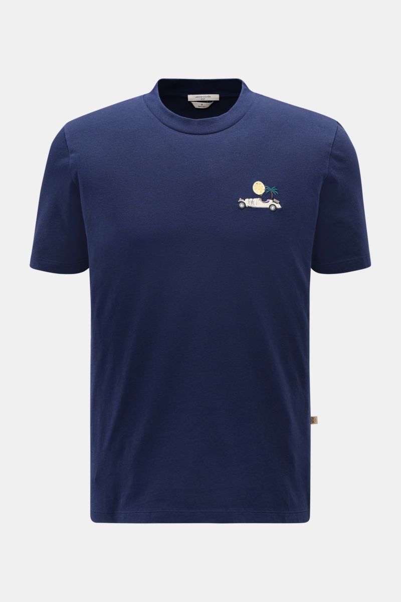 Jacob Cohen Rundhals-T-Shirt 'Resort' navy, klassisches Baumwoll-Shirt mit Cabrio-Stitching, Leder-Label, Slim Fit, weich, Frontansicht.