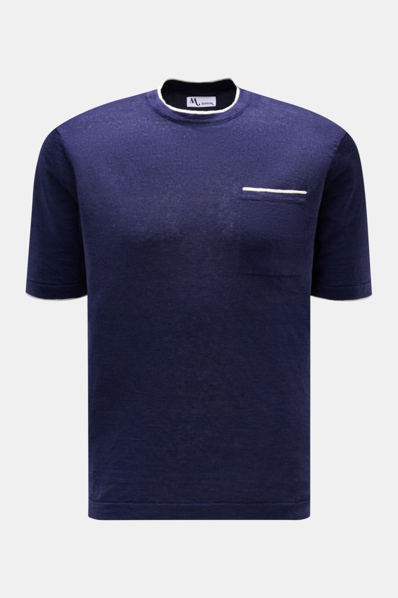 Doppiaa Rundhals-T-Shirt 'Aalfeo' dunkelblau aus reinem Leinen, weichem Griff, Brusttasche, Kontrastkanten, Regular Fit, kurze Saumschlitze, Frontansicht.