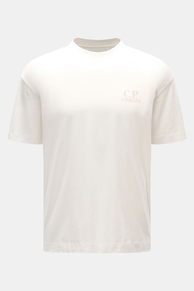 Front view of C.P. Company T-shirt off-white in pure cotton, slim fit with crew neck, logo print on chest, soft feel, and large back print.