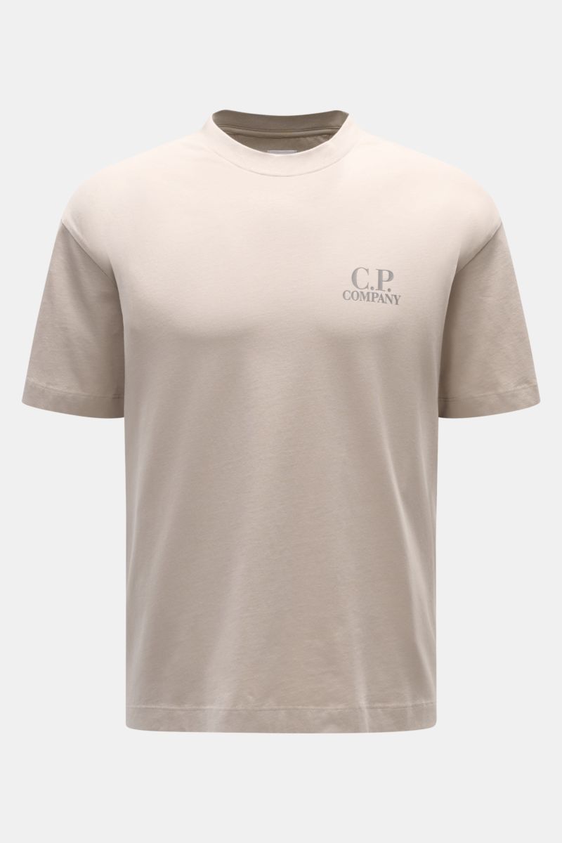 Front view of C.P. Company T-shirt beige in pure cotton with slim fit, crew neck, soft feel, chest logo print, and large back print.