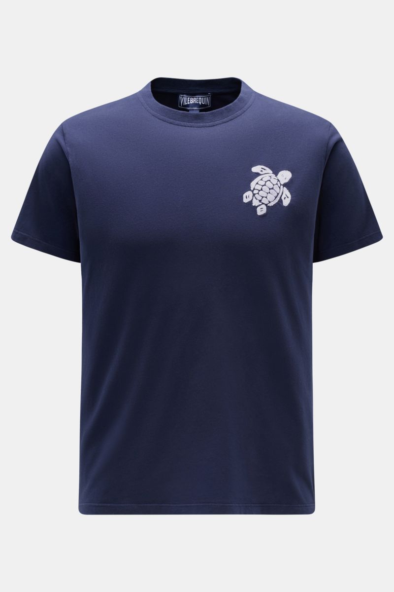 Vorderansicht des Vilebrequin Rundhals-T-Shirts 'Partisol' navy, Slim Fit aus super softer Baumwolle mit Schildkröten-Stitching.