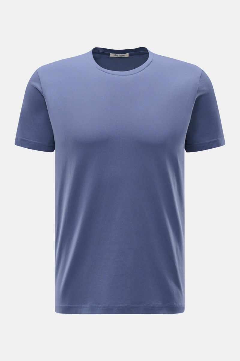 Stefan Brandt Rundhals-T-Shirt 'Enno' graublau, Slim Fit, weicher Griff, Urpima Sea Island Baumwolle, frontal fotografiert, Rundhalsausschnitt.