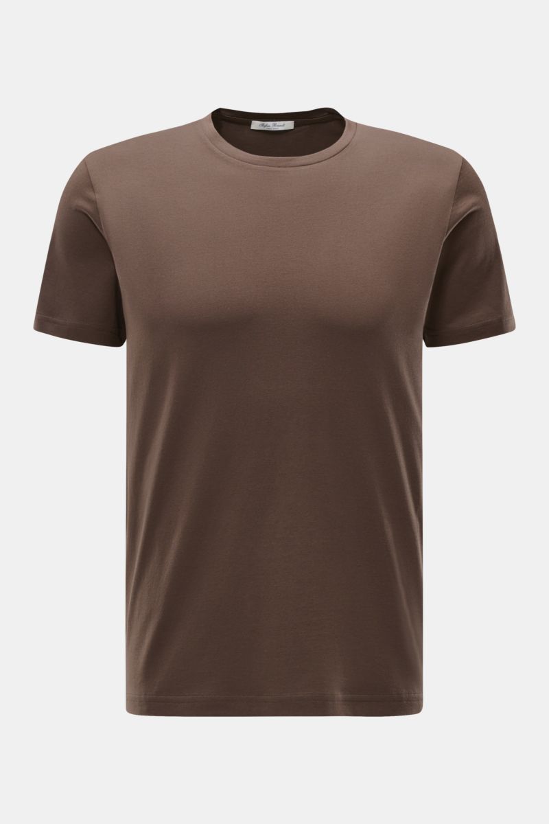Stefan Brandt Rundhals-T-Shirt 'Enno' graubraun, Slim Fit, aus weicher Urpima Sea Island Baumwolle, Frontansicht mit Rundhalsausschnitt.