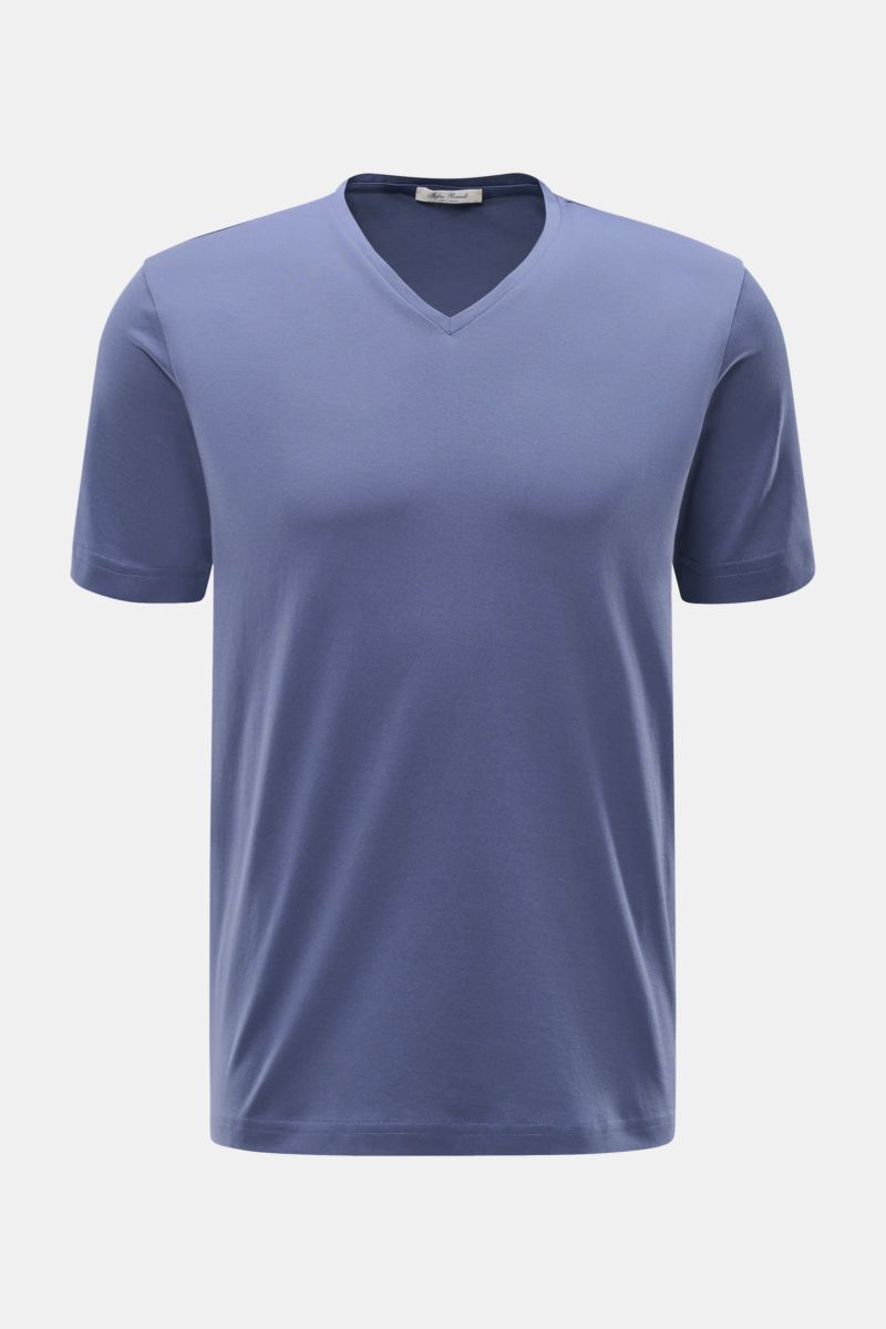 Front view of Stefan Brandt V-Neck T-Shirt 'Artur' rauchblau made from soft organic Pima cotton, slim fit, fine jersey, silky touch.