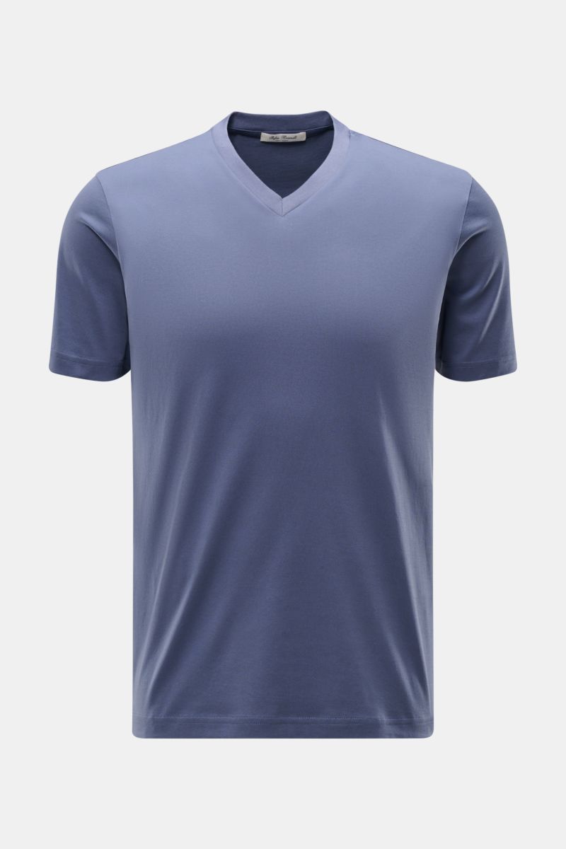 Front view of a blue Stefan Brandt V-neck T-shirt 'Adam' black, made from luxurious 'Urpima Sea Island' cotton jersey, slim fit, very soft feel, and timeless versatility.
