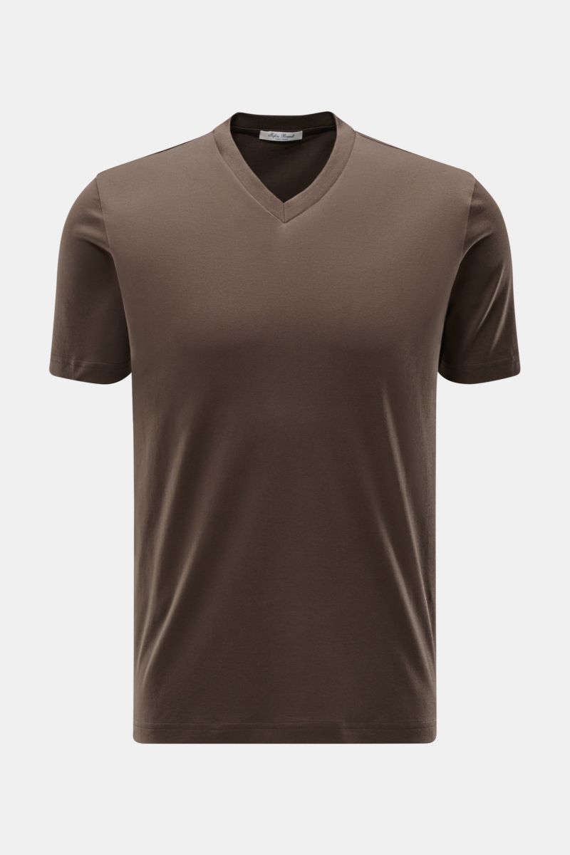 Stefan Brandt V-Neck T-Shirt 'Adam' graubraun shown front view, slim fit, soft Urpima Sea Island cotton jersey, V-neck style.