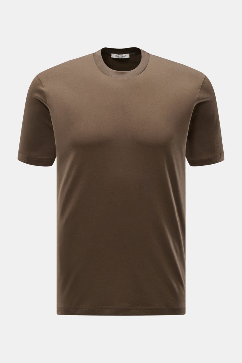 Frontale Nahaufnahme des graubraunen Stefan Brandt Rundhals-T-Shirts 'Eli' aus weichem Pima-Baumwoll-Jersey, Slim Fit.