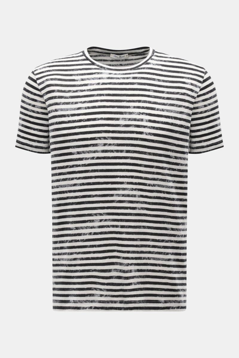Stefan Brandt Leinen Rundhals-T-Shirt schwarz/offwhite gestreift, Frontansicht, elastischer Leinen-Jersey, weicher Griff, Regular Fit, maritime Streifen.