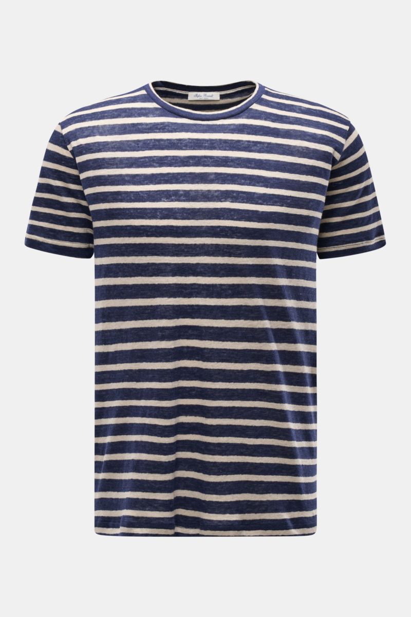 Stefan Brandt Leinen Rundhals-T-Shirt 'Enno' navy/sand gestreift, Slim Fit, reine Leinenqualität, weicher Griff, leichte Struktur, frontale Perspektive.
