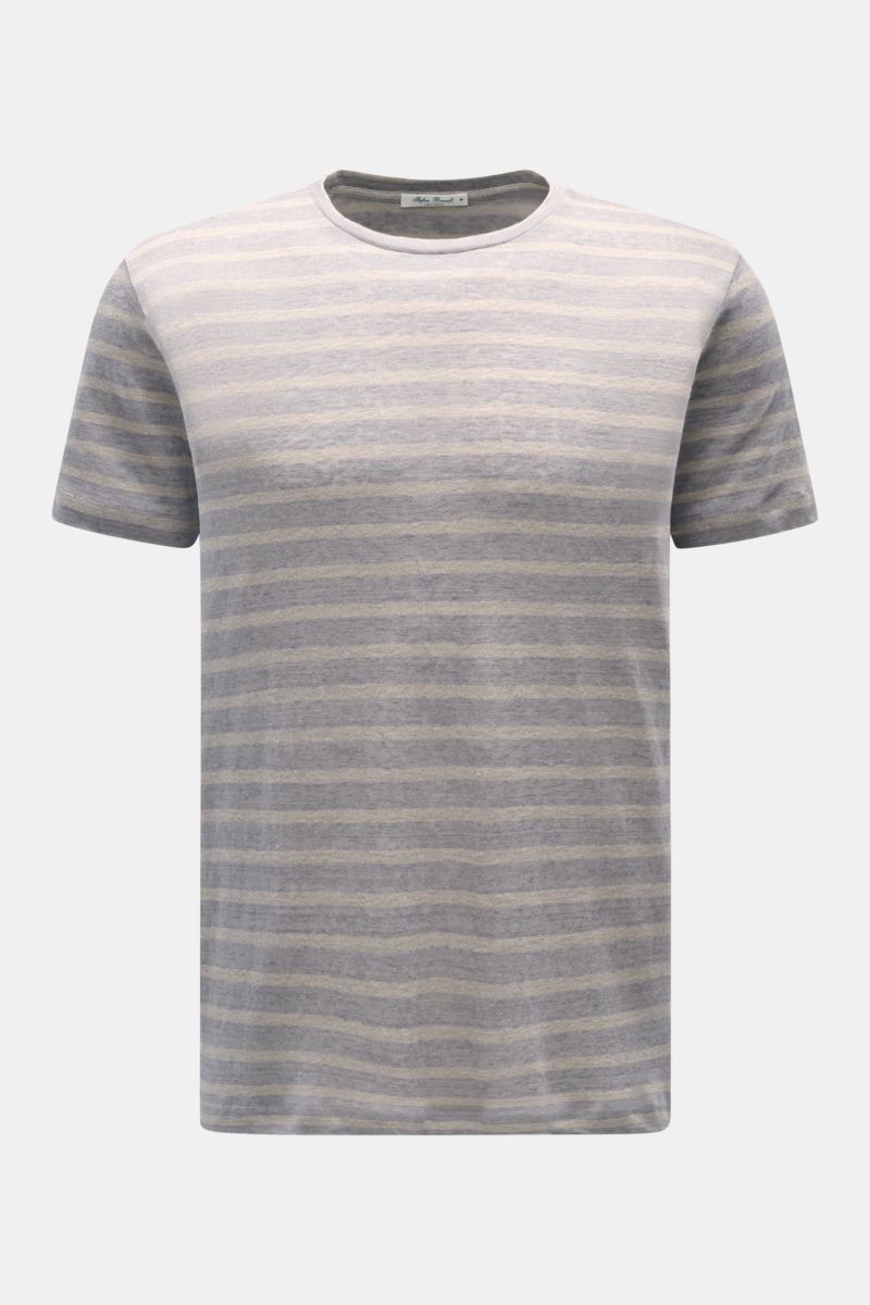 Front view of Stefan Brandt Leinen Rundhals-T-Shirt 'Enno' grau/sand gestreift, a slim fit, striped linen tee with soft, light texture and round neckline. Sommerliche Leichtigkeit in ihrer edelsten Form: Das Rundhals-T-Shirt 'Enno' von STEFAN BRANDT aus r