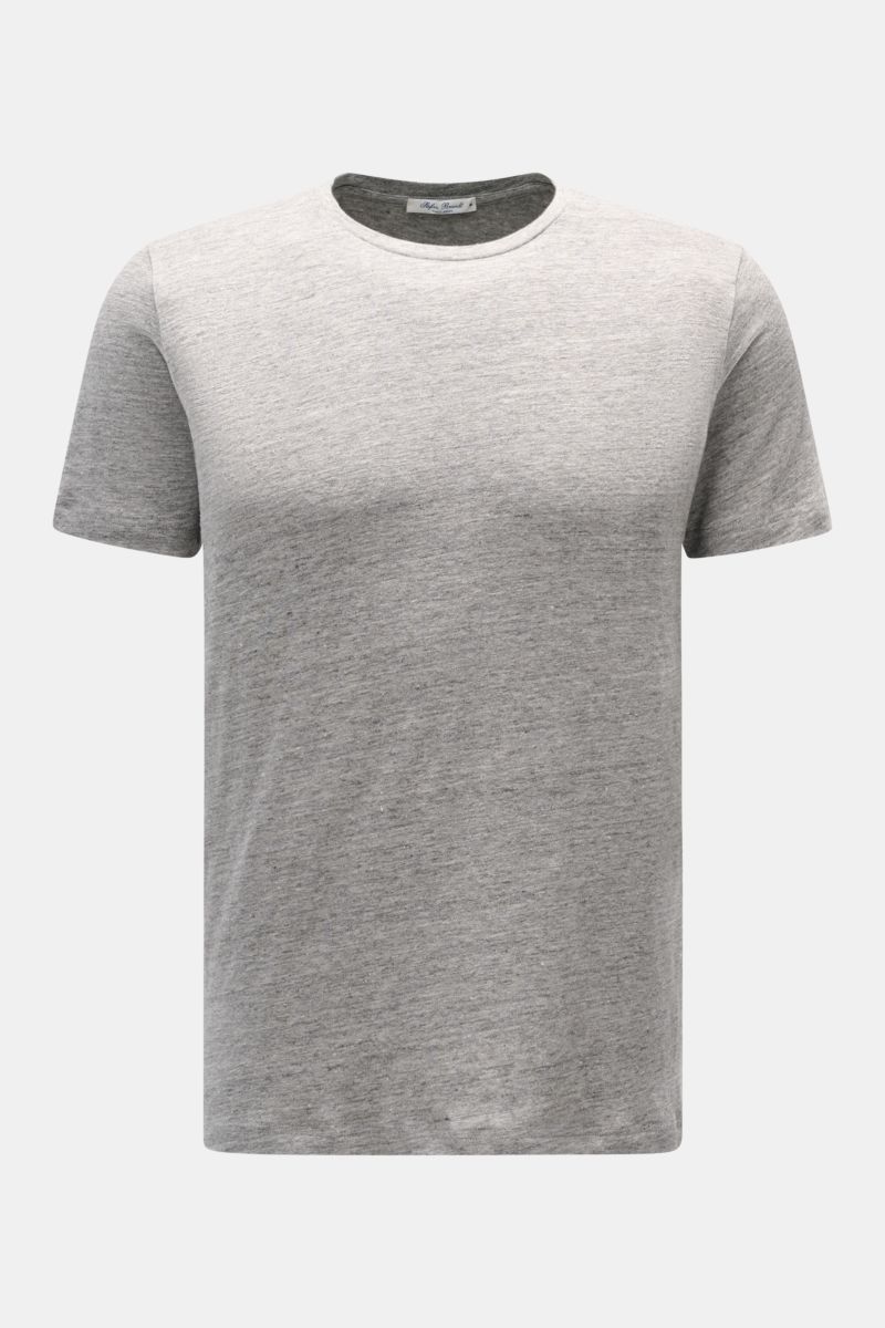 Front view of Stefan Brandt Leinen Rundhals-T-Shirt 'Enno' grau meliert, a slim fit, grey melange linen T-shirt with a round neckline, soft texture, and lightweight, slightly elastic Belgian linen fabric. Sommerliche Leichtigkeit in ihrer edelsten Form: D