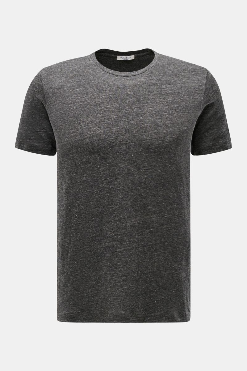 Stefan Brandt Leinen Rundhals-T-Shirt 'Enno' dunkelgrau meliert, Slim Fit, reine Leinenqualität mit weichem Griff, frontale Nahaufnahme.