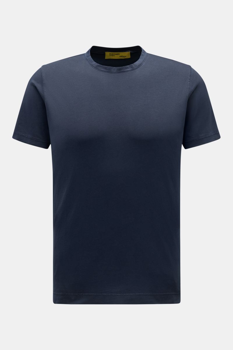 Front view of B.F. Knitwear Crew neck T-shirt navy, made of pure cotton, soft feel, slim fit, crew neck, and short hem vents, ideal for spring and summer.