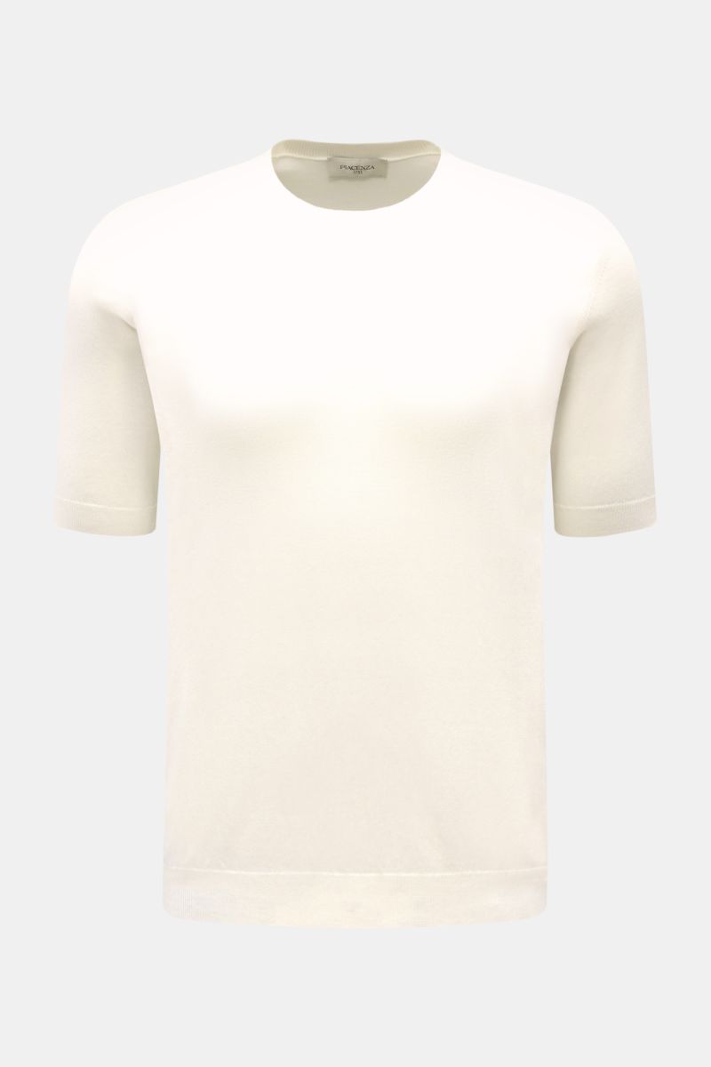 Piacenza 1733 Kurzarmpullover offwhite, Slim Fit, feines offenes Strickbild aus reiner Baumwolle, leichte Haptik, flexible Rippbündchen, Frontansicht.