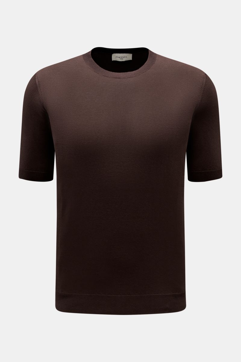 Piacenza 1733 Kurzarmpullover dunkelbraun in Slim Fit, frontale Ansicht, leichter Baumwollstrick mit offenem Strickbild, flexible Rippbündchen.