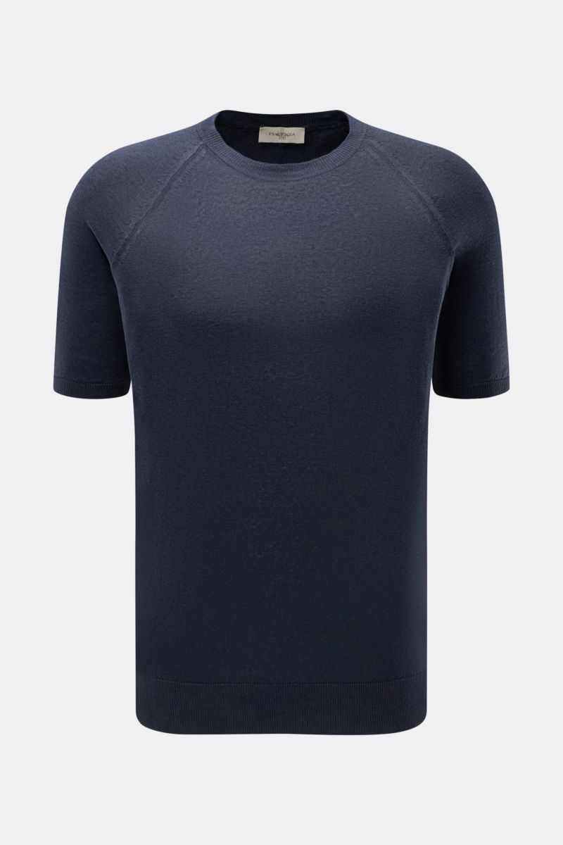 Piacenza 1733 Kurzarmpullover navy, Slim Fit, Leinen-Baumwoll-Mix, feines Strickbild, Raglanärmel, Rundhalsausschnitt, frontale Nahaufnahme