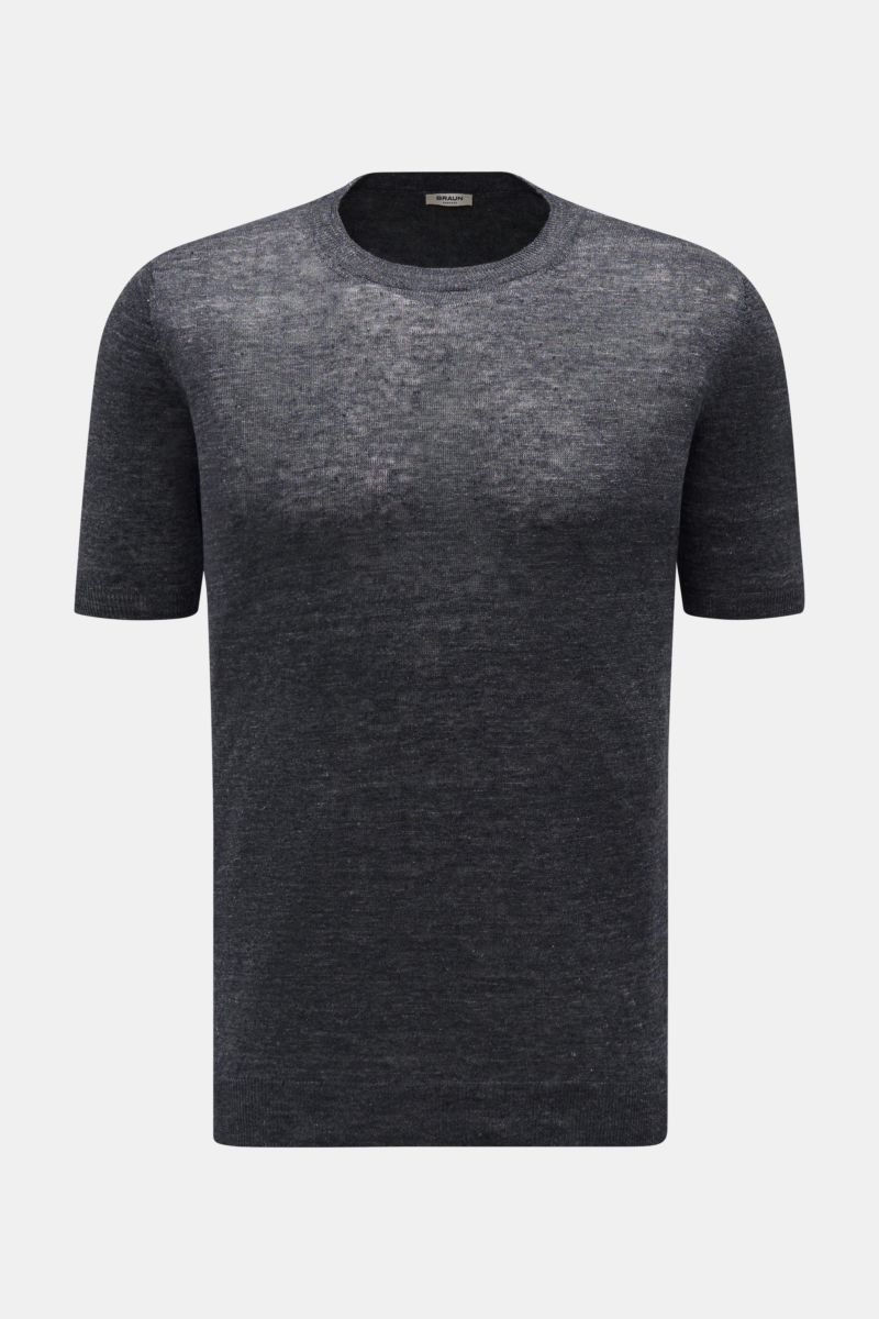 Gran Sasso Leinen Kurzarmpullover dunkelgrau, slim fit mit Rundhalsausschnitt, feinem Strickbild, Rippbündchen, aus reinem Leinen, frontal fotografiert.