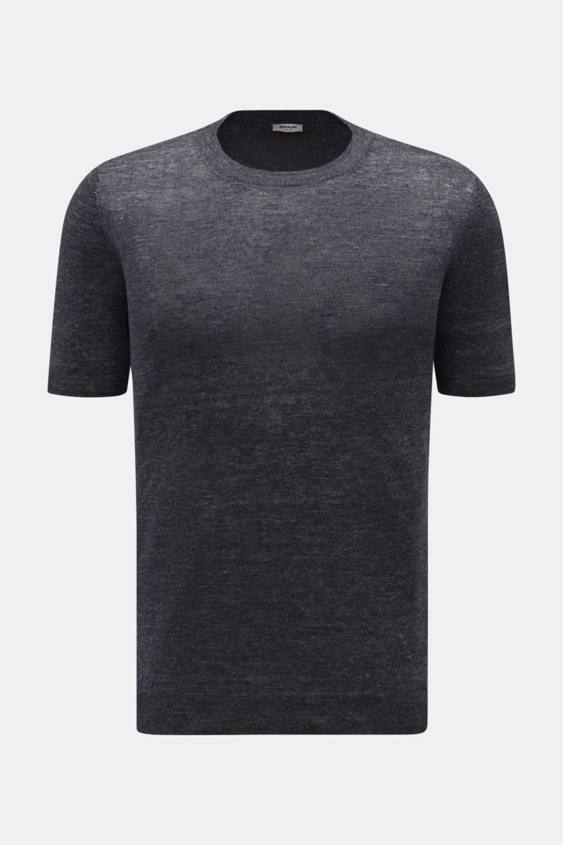 Gran Sasso Leinen Kurzarmpullover dunkelgrau, Slim Fit, aus reinem Leinen mit Rundhalsausschnitt und Rippbündchen, frontale Ansicht.