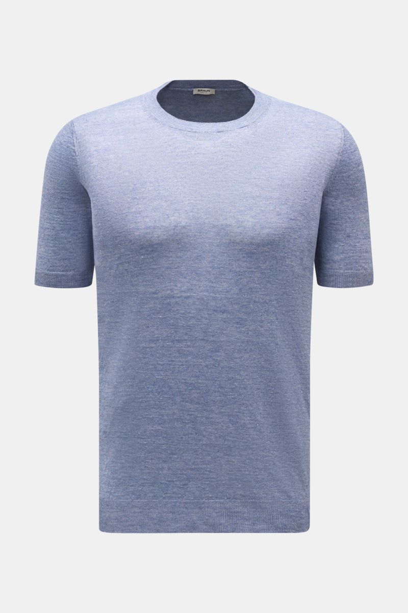 Gran Sasso Leinen Kurzarmpullover hellblau, Slim Fit, aus reinem Leinen mit Rundhalsausschnitt, Rippbündchen, feinem Strick, frontale Nahaufnahme.