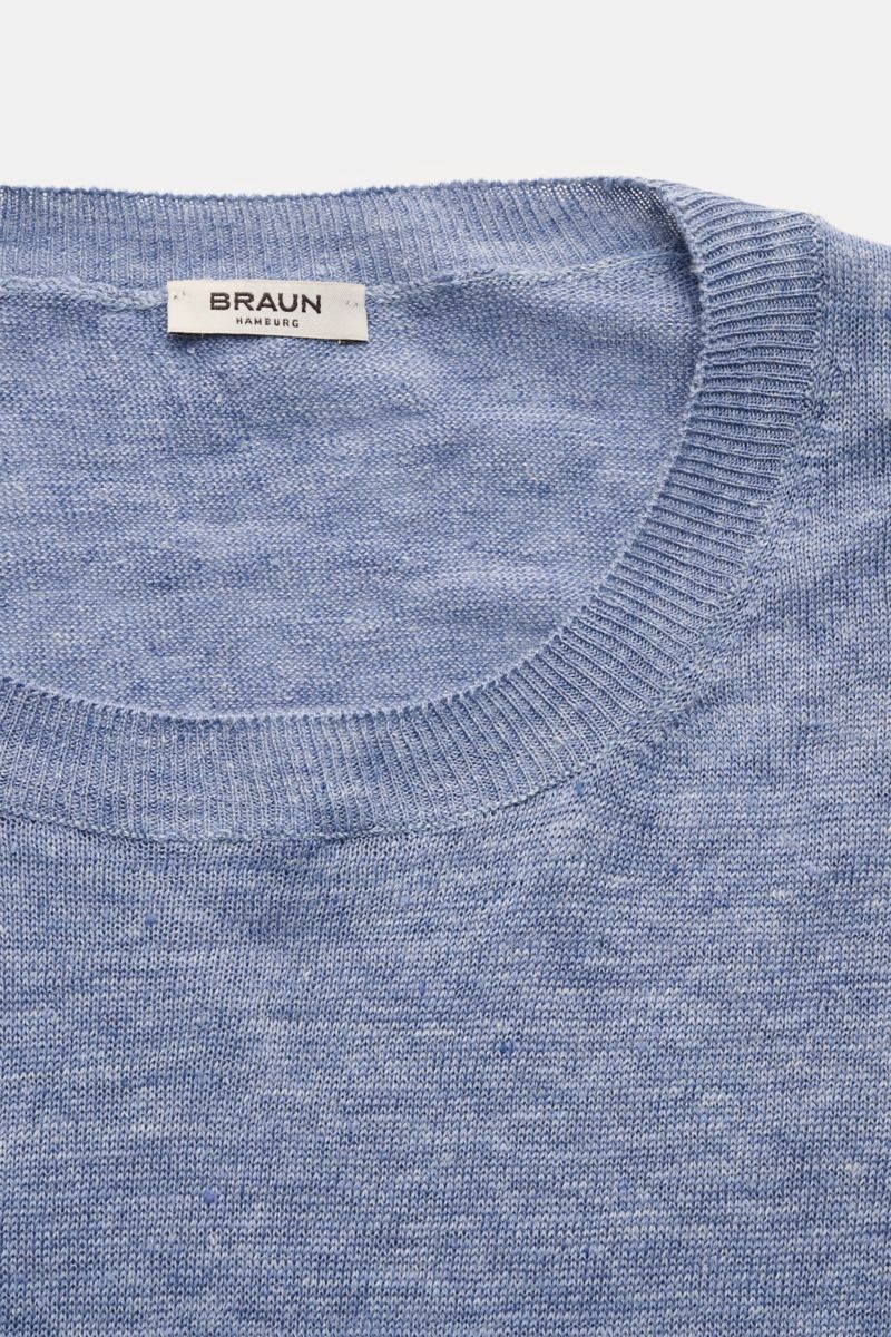 Gran Sasso Leinen Kurzarmpullover hellblau, Nahaufnahme von oben, reines Leinen, Slim Fit, feines Strickbild, Rundhalsausschnitt, Rippbündchen.