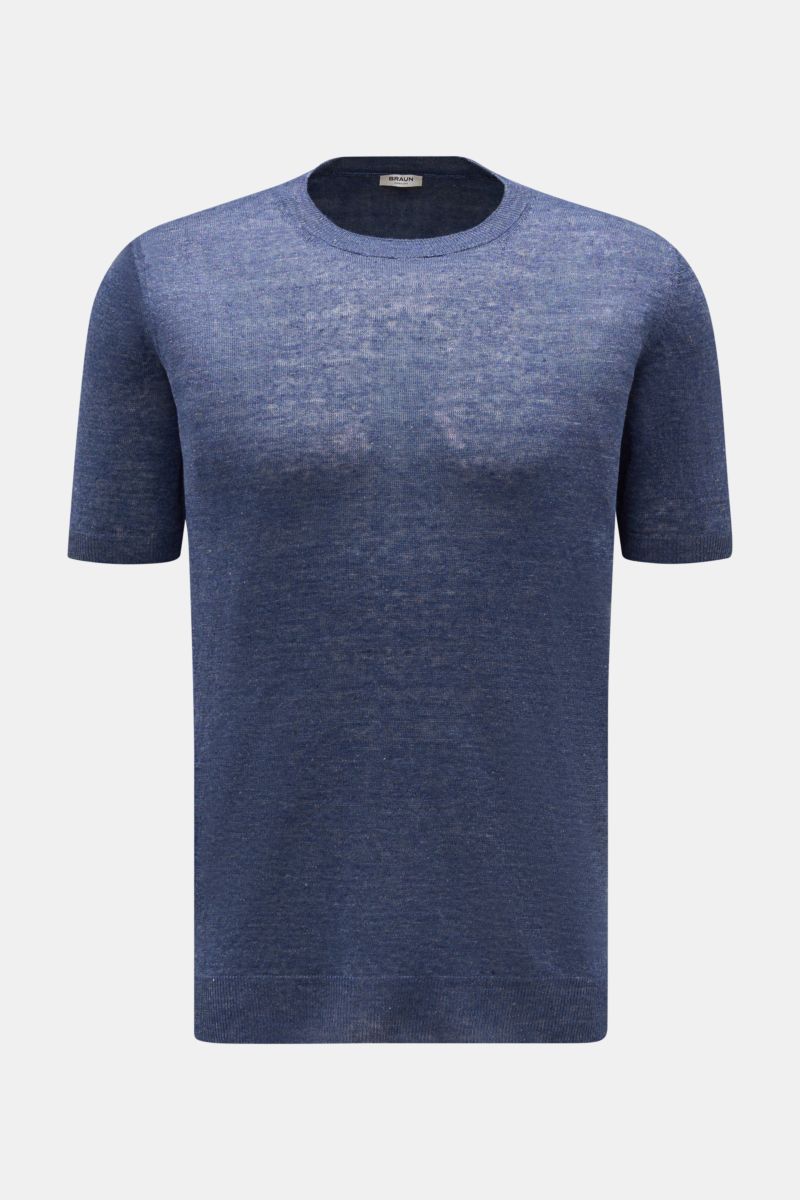 Gran Sasso Leinen Kurzarmpullover graublau, Slim Fit mit Rundhalsausschnitt, materialtypischer Struktur, feinem Strickbild, Rippbündchen, Frontansicht.
