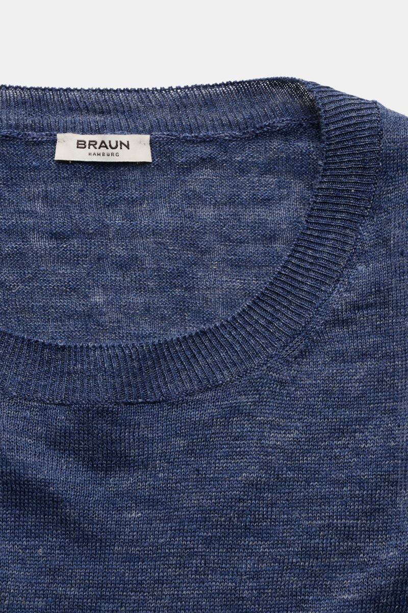 Gran Sasso Leinen Kurzarmpullover graublau in Slim Fit, Nahaufnahme von oben mit Rundhalsausschnitt, Rippbündchen, feinem Strickbild, reines Leinen.