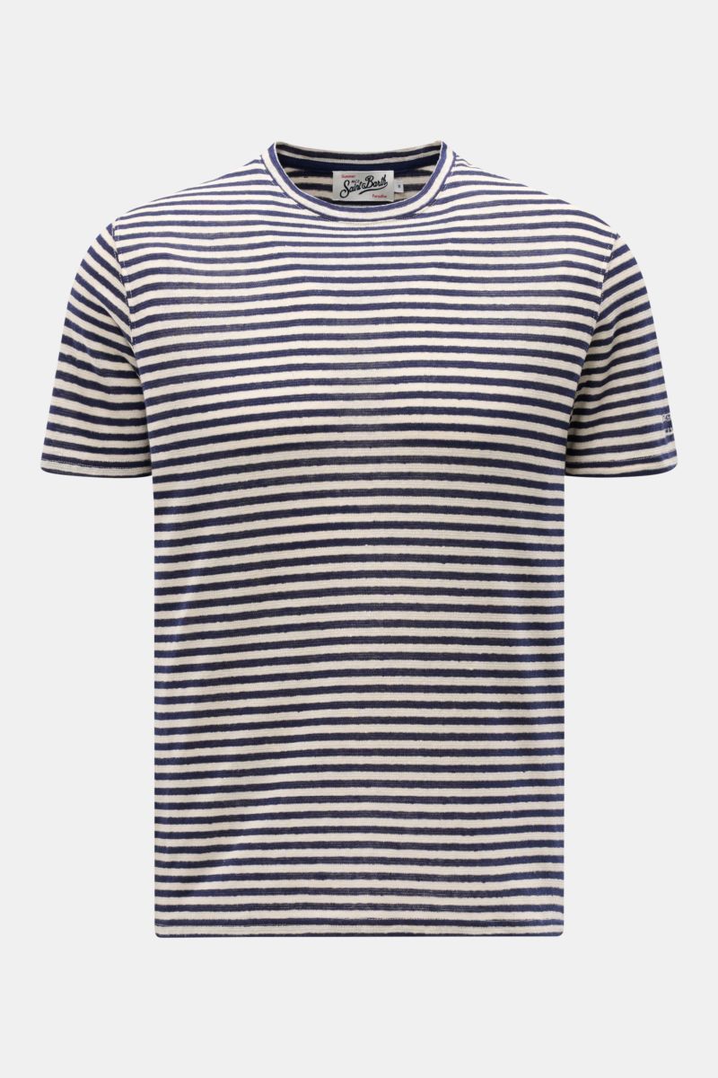 MC2 Saint Barth Crew neck T-shirt 'Dover Stripes' cream/navy striped, front view, soft linen blend, regular fit, crew neck, classic nautical stripes, sleeve embroidery.

For your casual summer looks: The 'Dover Stripes' T-shirt by MC2 SAINT BARTH, made