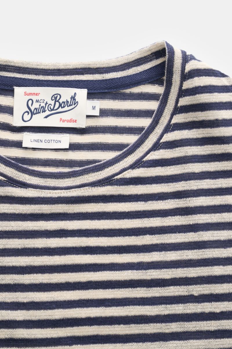 MC2 Saint Barth Crew neck T-shirt 'Dover Stripes' cream/navy striped shown from a top-down view highlighting soft linen blend fabric and label.  

For your casual summer looks: The 'Dover Stripes' T-shirt by MC2 SAINT BARTH, made from a soft linen blen