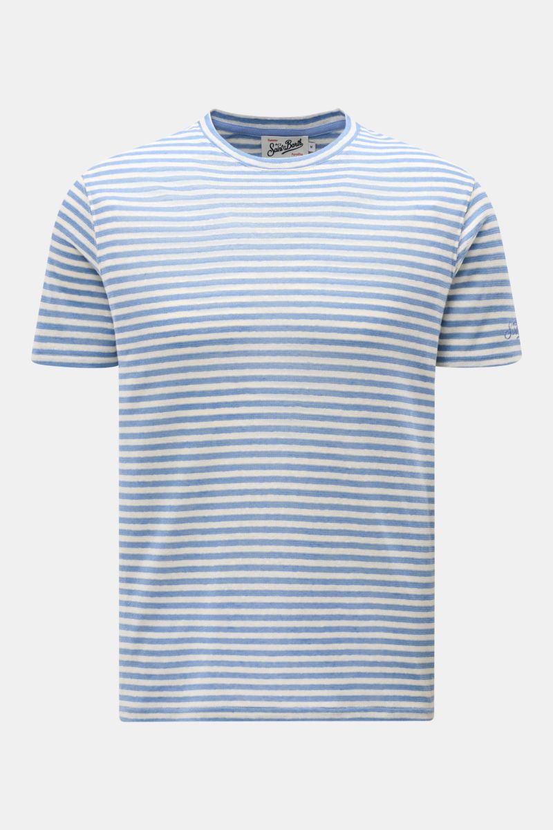 MC2 Saint Barth Crew neck T-shirt 'Dover Stripes' cream/blue striped shown from front, soft linen blend, regular fit, classic nautical stripes, St. Barth sleeve embroidery. For your casual summer looks: The 'Dover Stripes' T-shirt by MC2 SAINT BARTH, m