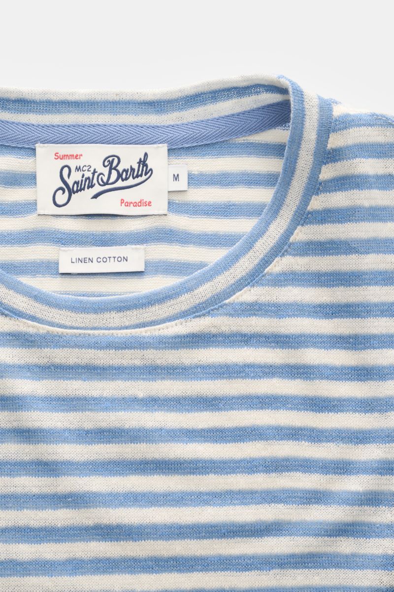 MC2 Saint Barth Crew neck T-shirt 'Dover Stripes' cream/blue striped shown from a close-up front top view, highlighting the soft linen blend fabric and crew neck. For your casual summer looks: The 'Dover Stripes' T-shirt by MC2 SAINT BARTH, made from a so