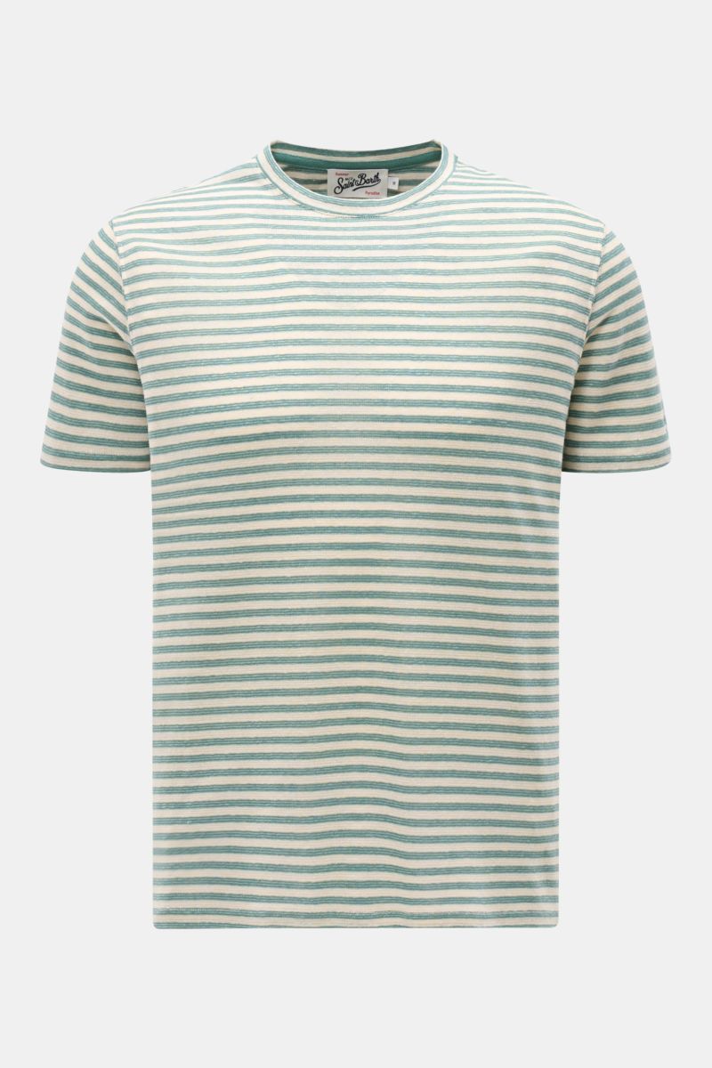 Front view of the MC2 Saint Barth Crew neck T-shirt 'Dover Stripes' cream/turquoise striped, with soft linen blend fabric and classic nautical stripes.

For your casual summer looks: The 'Dover Stripes' T-shirt by MC2 SAINT BARTH, made from a soft linen b
