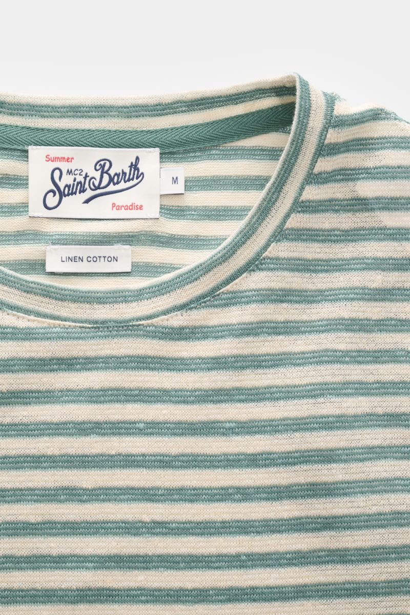 MC2 Saint Barth Crew neck T-shirt 'Dover Stripes' cream/turquoise striped shown from a close-up top-down view, highlighting the crew neck and fabric texture. For your casual summer looks: The 'Dover Stripes' T-shirt by MC2 SAINT BARTH, made from a soft li