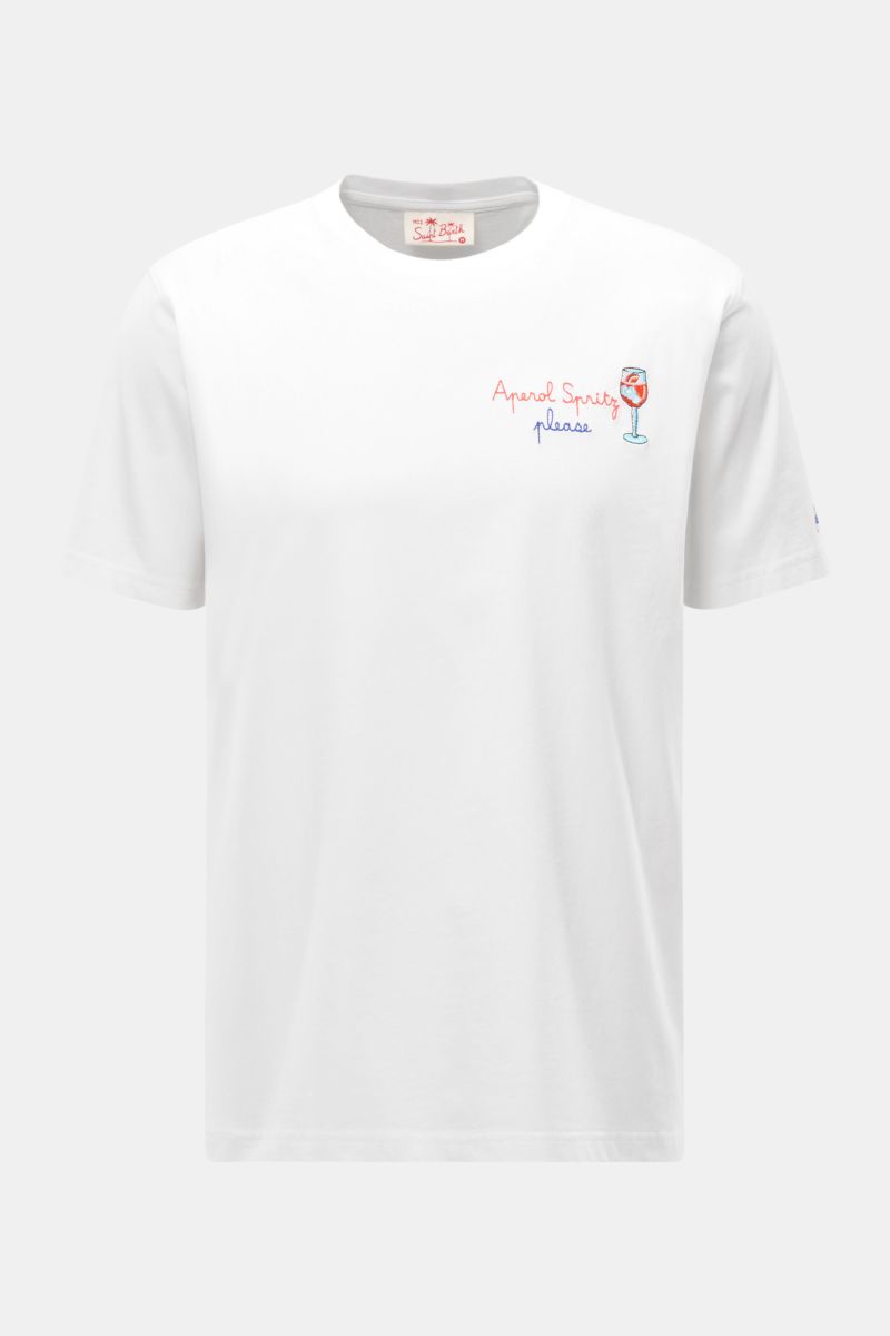 Alt tag (124 characters): Front view of MC2 Saint Barth Rundhals-T-Shirt 'Portofino' weiß with embroidered 'Aperol Spritz please' and glass.

Sommerlicher Hingucker: Das T-Shirt von MC2 SAINT BARTH aus weicher Bio-Baumwolle wird mit auffälligem Brust-S