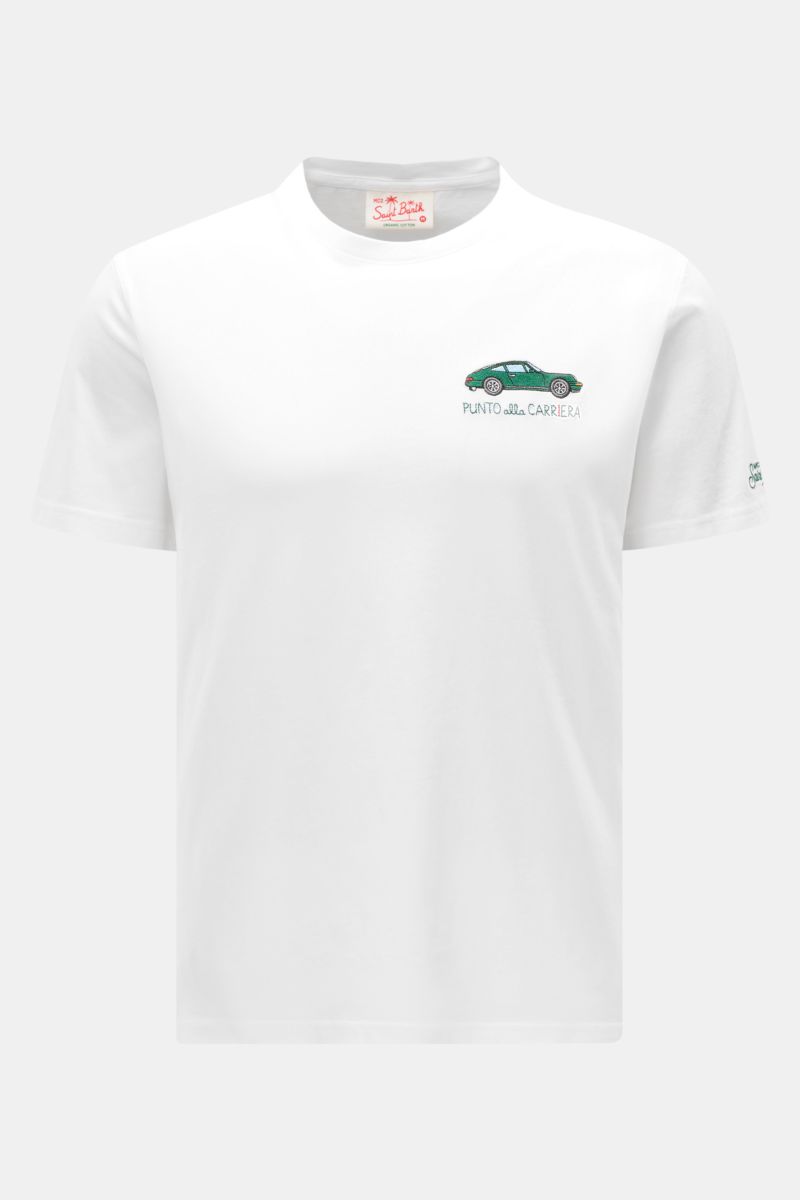 MC2 Saint Barth 'Portofino' crew neck T-shirt white shown from the front, made of pure organic cotton with slim fit, soft fabric, car stitching on chest, and St. Barth embroidery on sleeve. Summery and eye-catching: This T-shirt by MC2 SAINT BARTH, made f