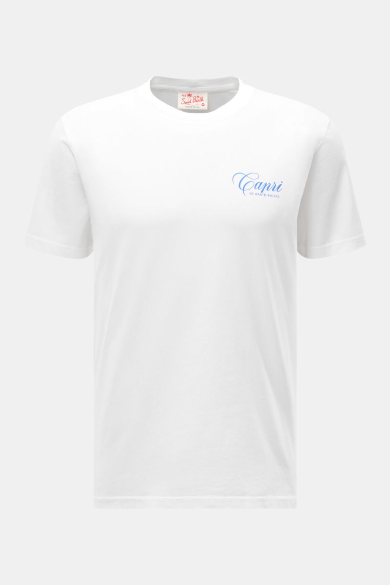 White MC2 Saint Barth Rundhals-T-Shirt 'Portland' weiß shown from front, made of soft organic cotton with slim fit and round neckline, subtle chest print. Urbaner Eyecatcher: Das T-Shirt von MC2 SAINT BARTH aus weicher Bio-Baumwolle überzeugt mit auffä