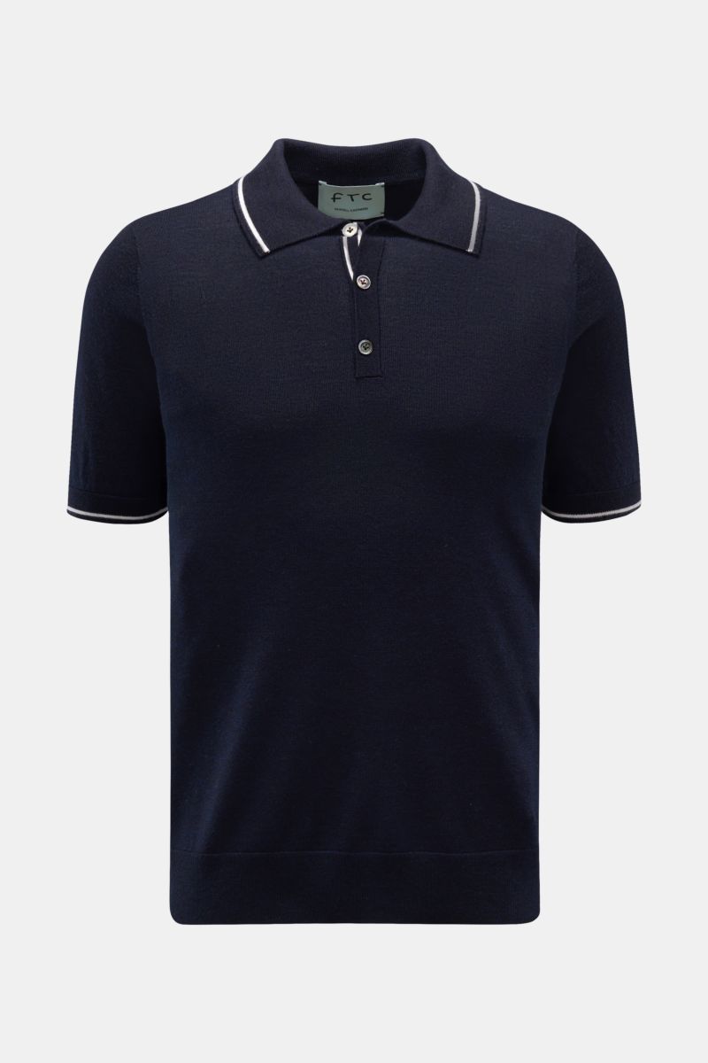 FTC Short sleeve knit polo shirt navy shown from front, featuring fine knit cashmere and SeaCell blend, slim fit, classic collar, three-button placket, soft lightweight fabric, Oeko-Tex® certified with narrow contrasting borders and flexible ribbed bands.