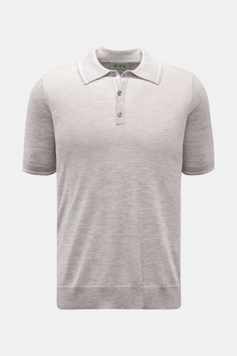 Front view of FTC Short sleeve knit polo grey mottled in fine cashmere-SeaCell blend with slim fit, three-button placket, and classic collar. Sustainable fibres, Oeko-Tex® certified, soft, lightweight fabric, narrow contrasting borders, very fine knit, fl