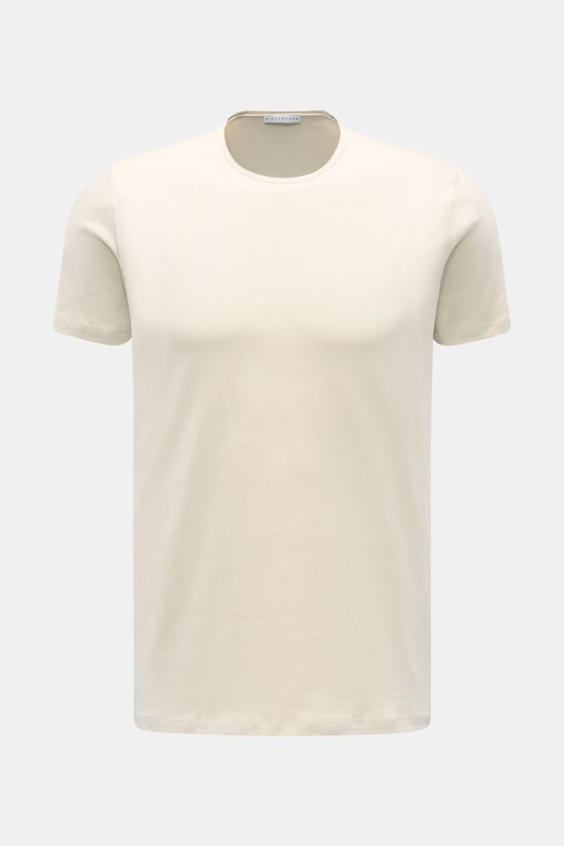 Kiefermann Rundhals T-Shirt 'Matello' sand aus weichem Baumwoll-Jersey, Extra Slim Fit, Rundhals, Logodruck am Saum, Frontansicht.