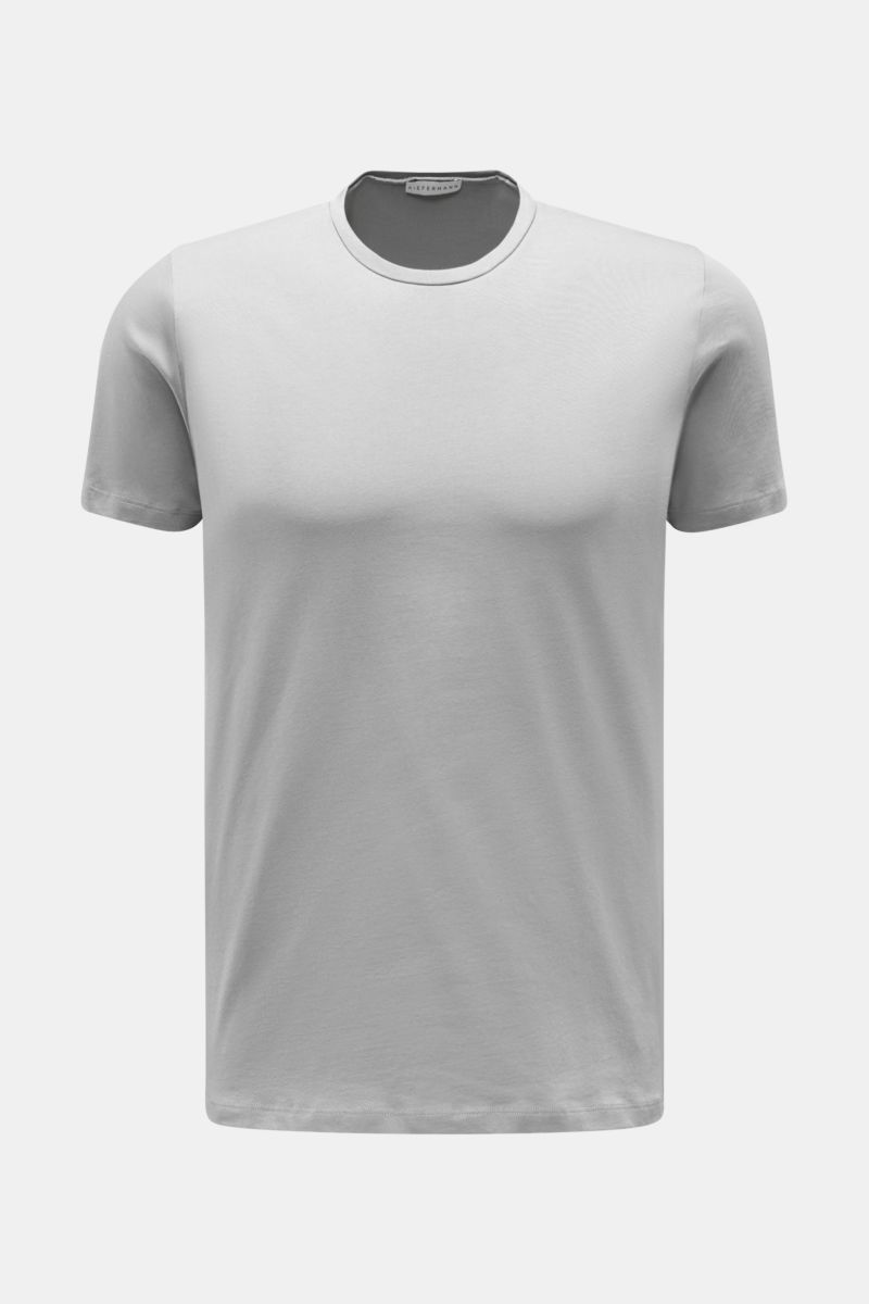 Kiefermann Rundhals T-Shirt 'Matello' grau, Extra Slim Fit, weicher Baumwoll-Jersey, Rundhalsausschnitt, dezenter Logodruck, Vorderansicht.