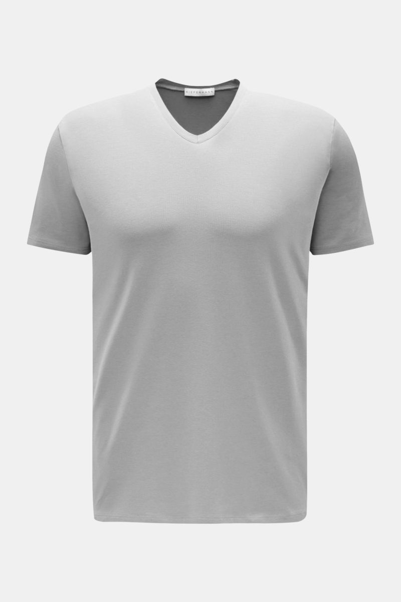 Kiefermann V-Neck T-Shirt 'Hape' grau, frontale Nahaufnahme, Extra Slim Fit, V-Ausschnitt, elastischer Baumwolle-Modal-Jersey mit weichem, glattem Griff.