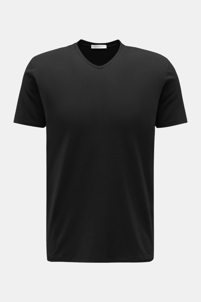 Vorne fotografiertes Kiefermann V-Neck T-Shirt 'Hape' schwarz aus elastischem Baumwoll-Modal-Jersey, Extra Slim Fit, weich und glatt.