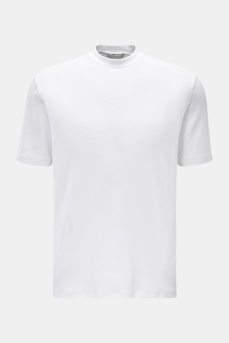 Kiefermann Rundhals-T-Shirt 'Paddys' weiß, frontal fotografiert, Slim Fit, reine Baumwolle, leicht elastisch, weicher Griff, Rundhalsausschnitt, Understatement.