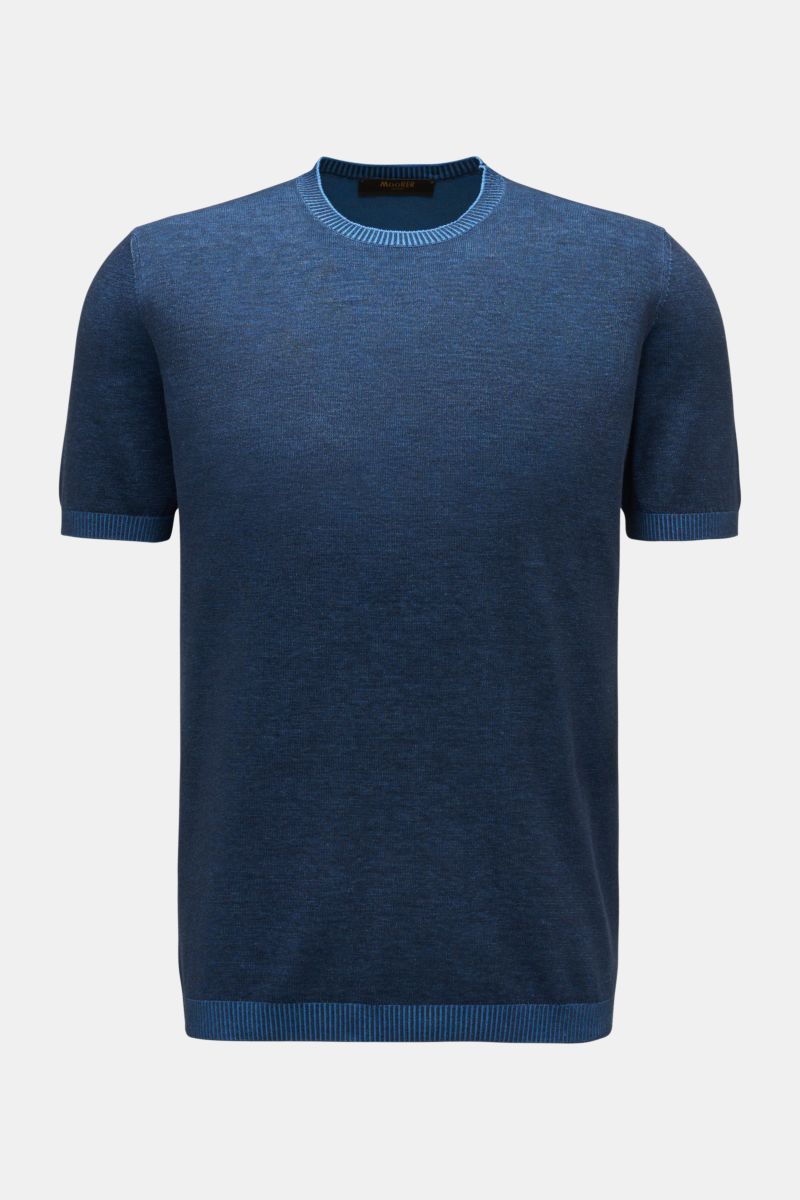 Moorer Kurzarmpullover 'Jude' navy, frontale Ansicht, Slim Fit, feines Strickbild, Rundhalsausschnitt, flexible Rippbündchen, weiche reine Baumwolle