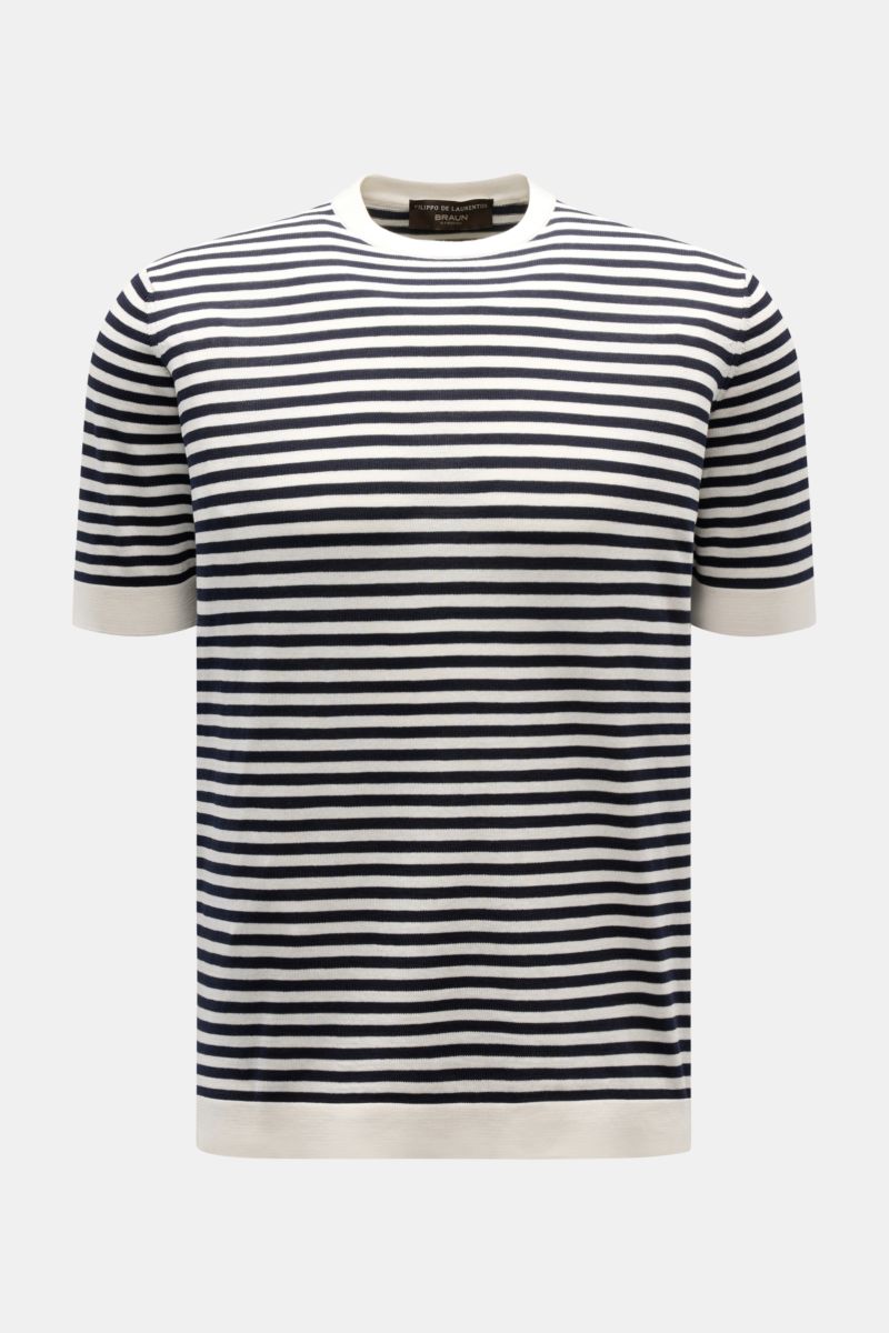 Filippo de Laurentiis Feinstrick-Kurzarmpullover offwhite/dark navy gestreift, Slim Fit, Rundhals, kurze Ärmel, aus reiner Baumwolle, frontal fotografiert.
