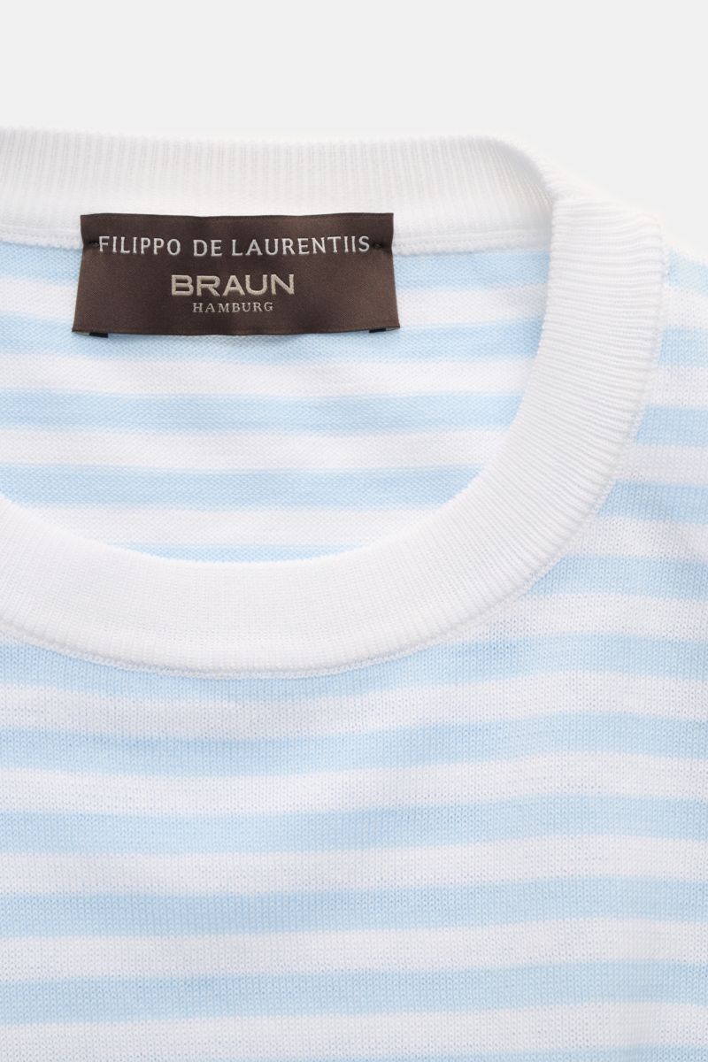 Filippo de Laurentiis Feinstrick-Kurzarmpullover weiß/hellblau gestreift, Slim Fit, Rundhals, weicher Griff, Detailaufnahme von oben